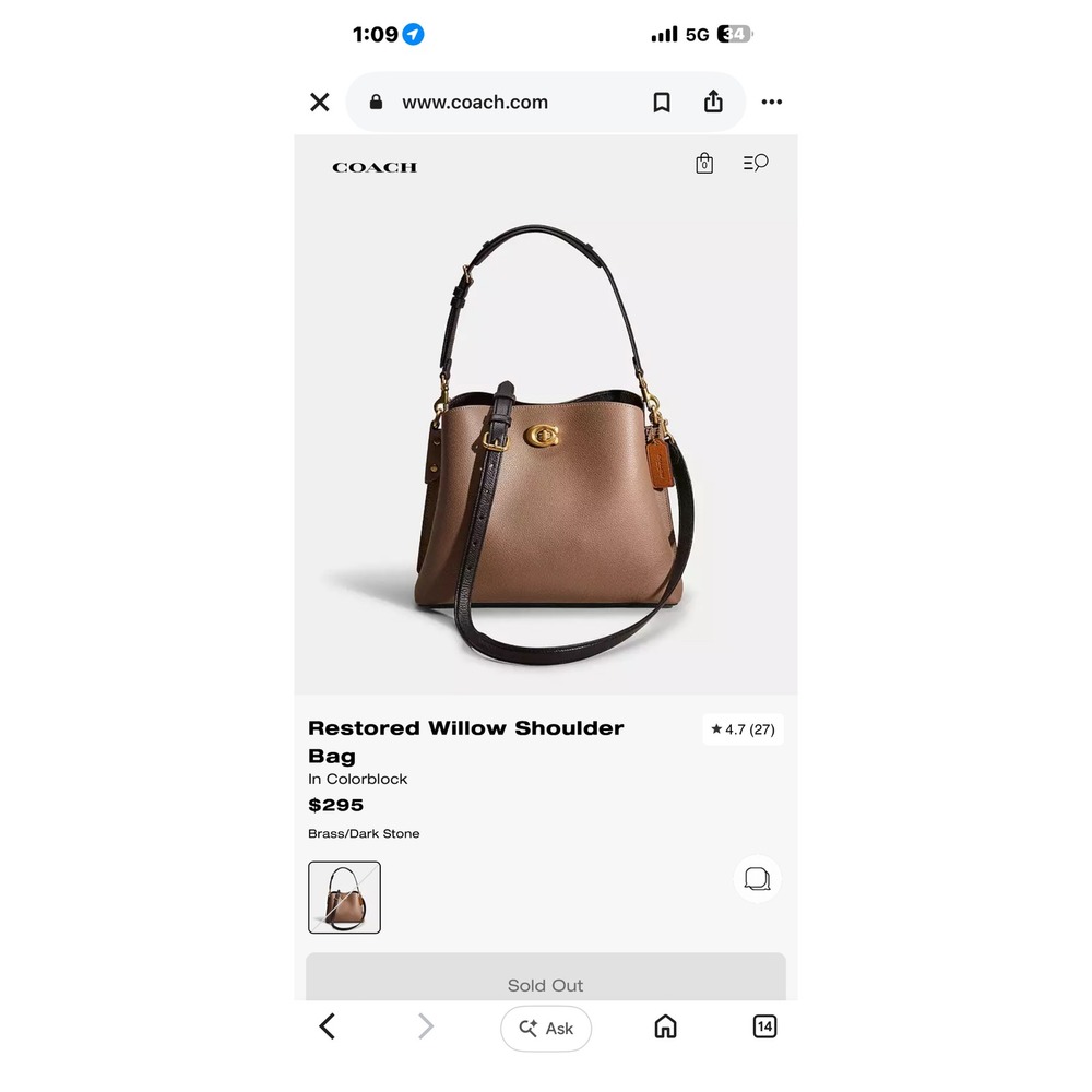 Coach Willow Shoulder Bag Colorblock Dark Stone Black Leather C2590 Brass - Picture 11 of 11